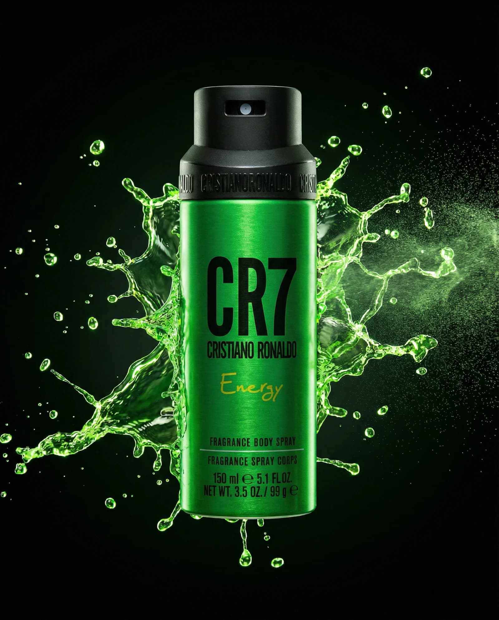 Green liquid splash behind CR7 Energy body spray