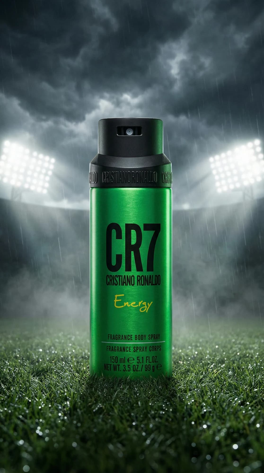 CR7 Energy body spray on a rain-soaked pitch under stadium lights