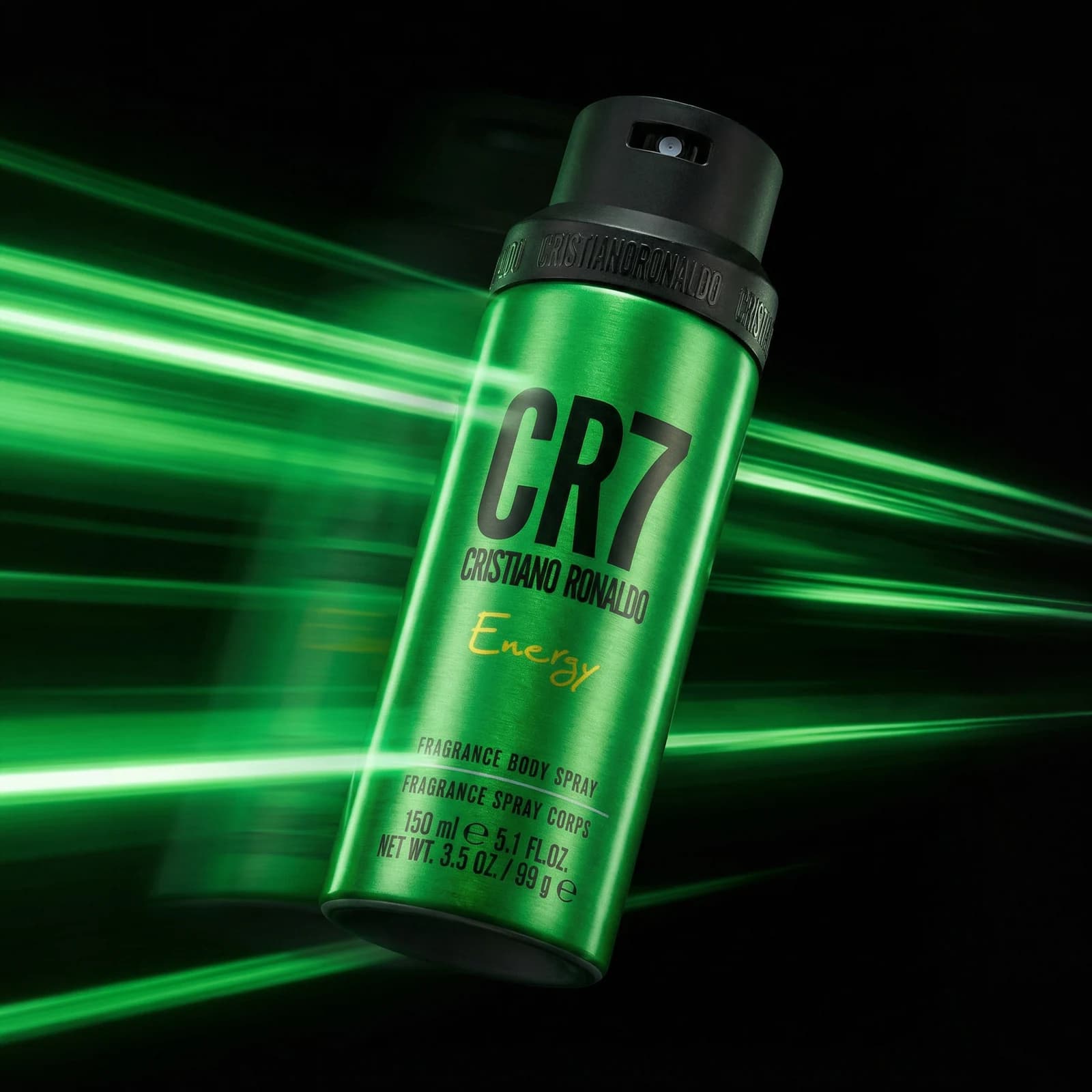 Green CR7 Energy body spray crossing bright light trails