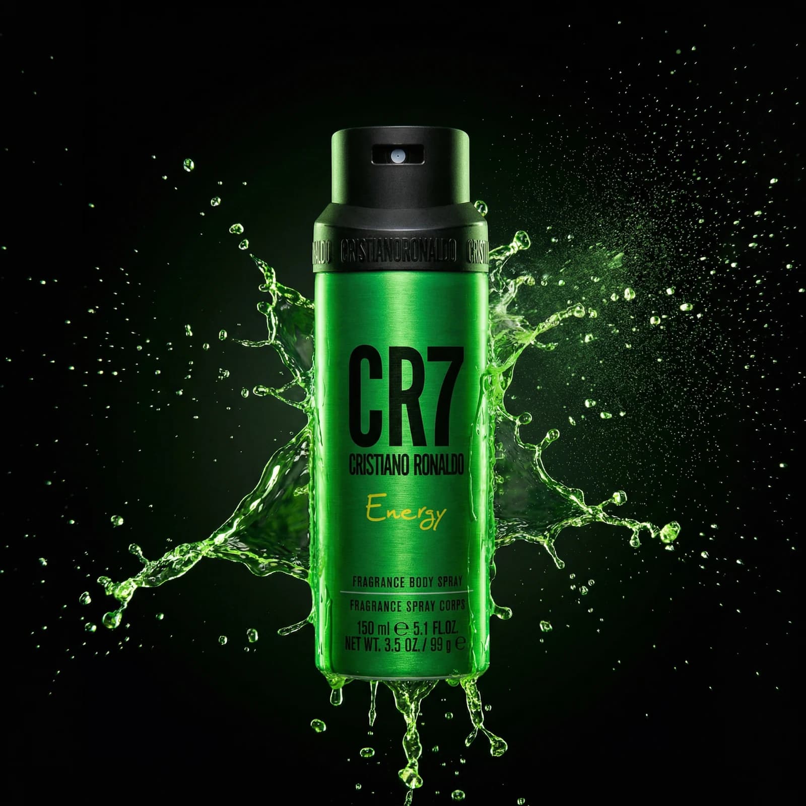 CR7 Energy body spray surrounded by a green liquid splash