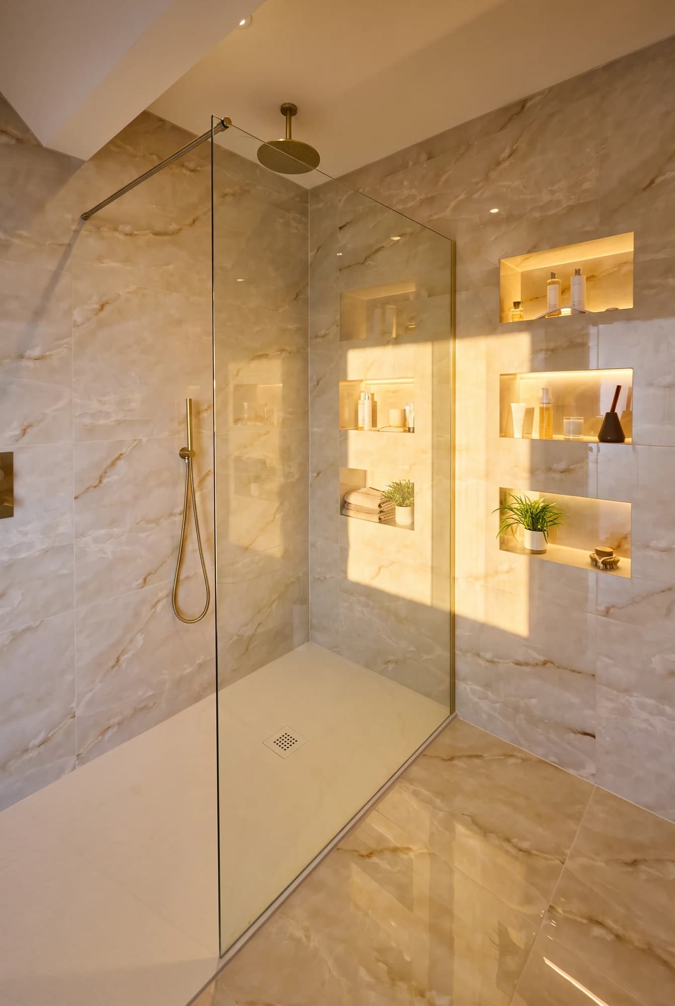 Stone-pattern shower walls and brass fittings in sunlight
