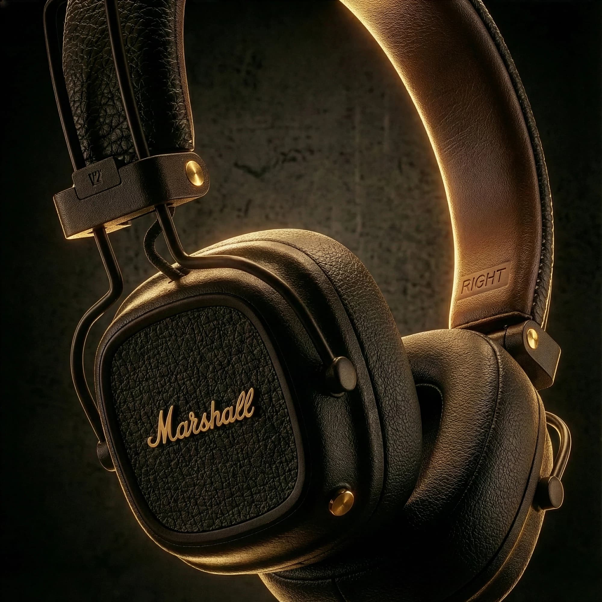 Close-up of Marshall headphones with warm rim lighting and textured earcups