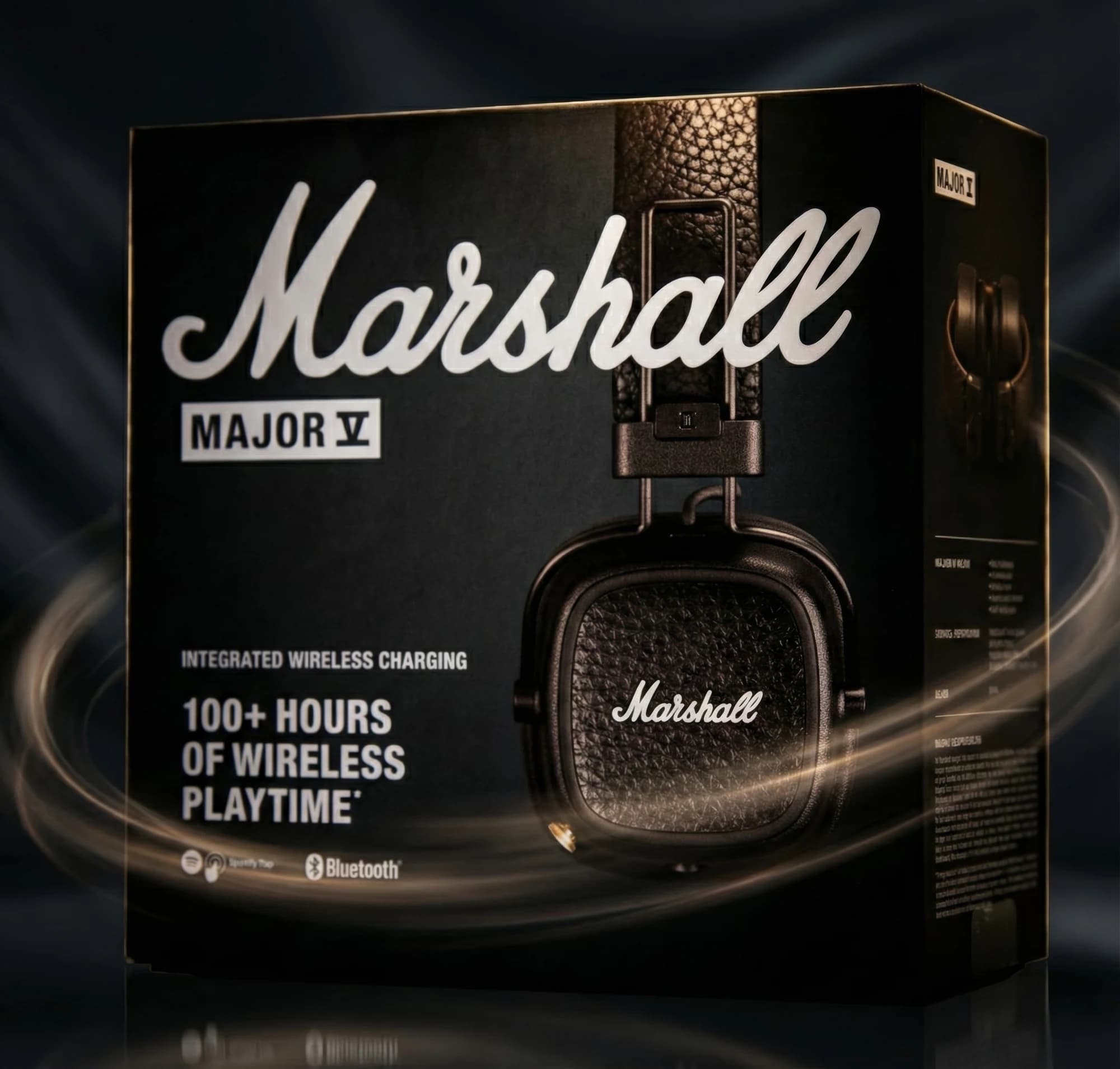 Marshall packaging with headphones artwork and curved light trails