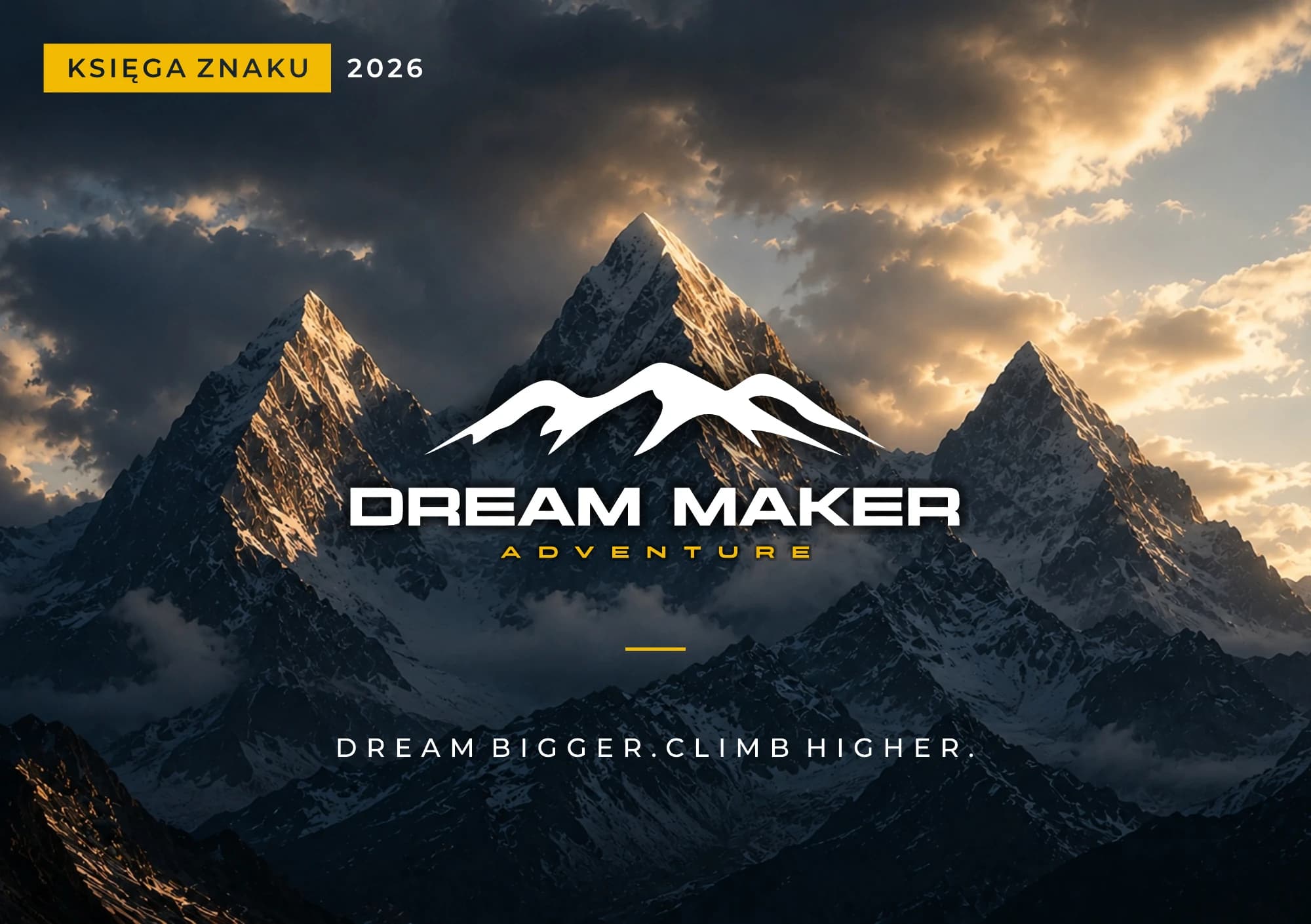 Okładka księgi znaku DreamMaker Adventure z górskim krajobrazem